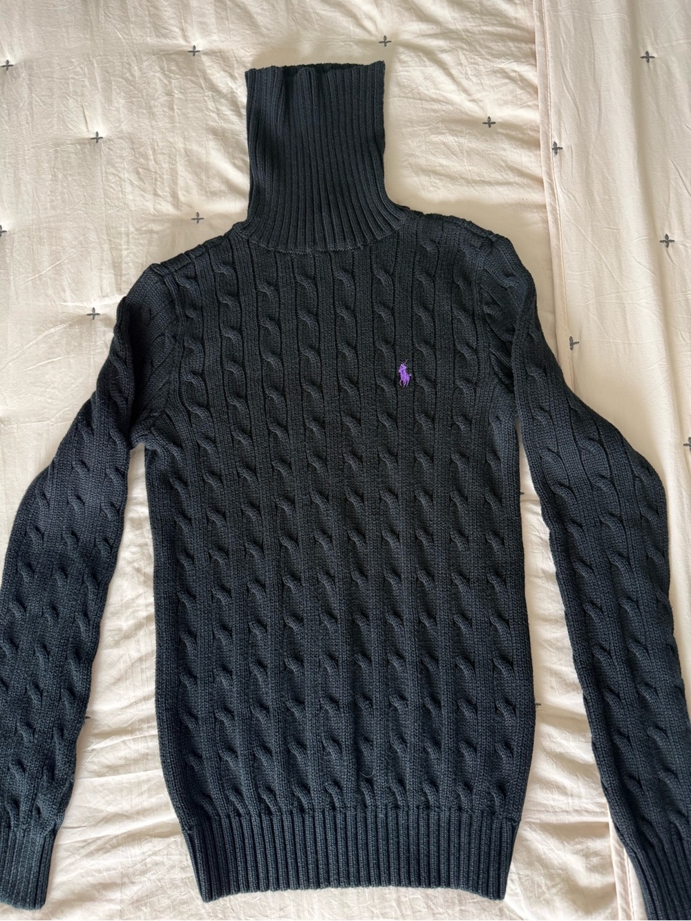 Polo Ralph Lauren Charcoal Cable Knit Turtleneck Sweater Purple Pony Size Small